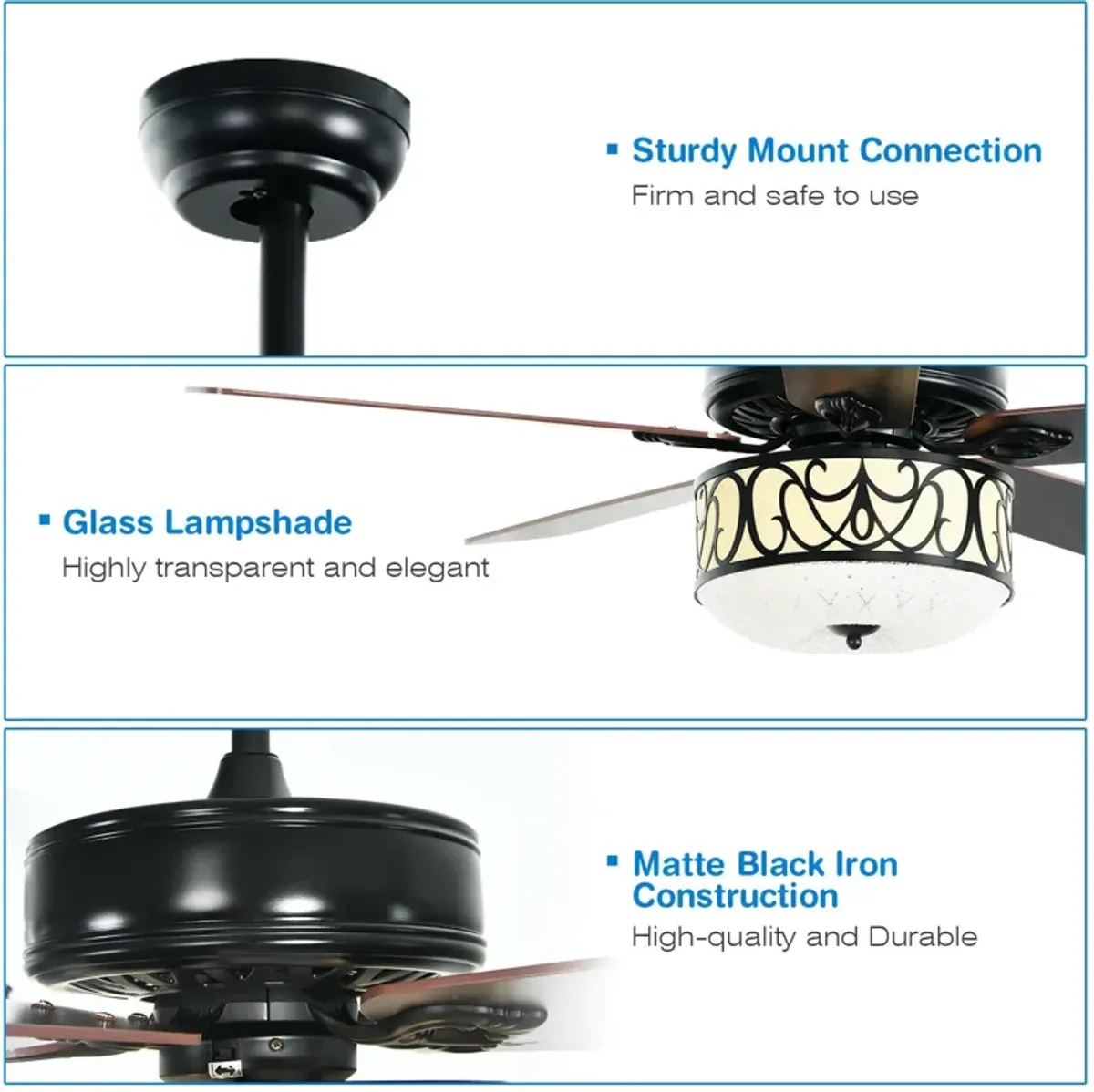 52 Inch Ceiling Fan with Light Reversible Blade and Adjustable Speed