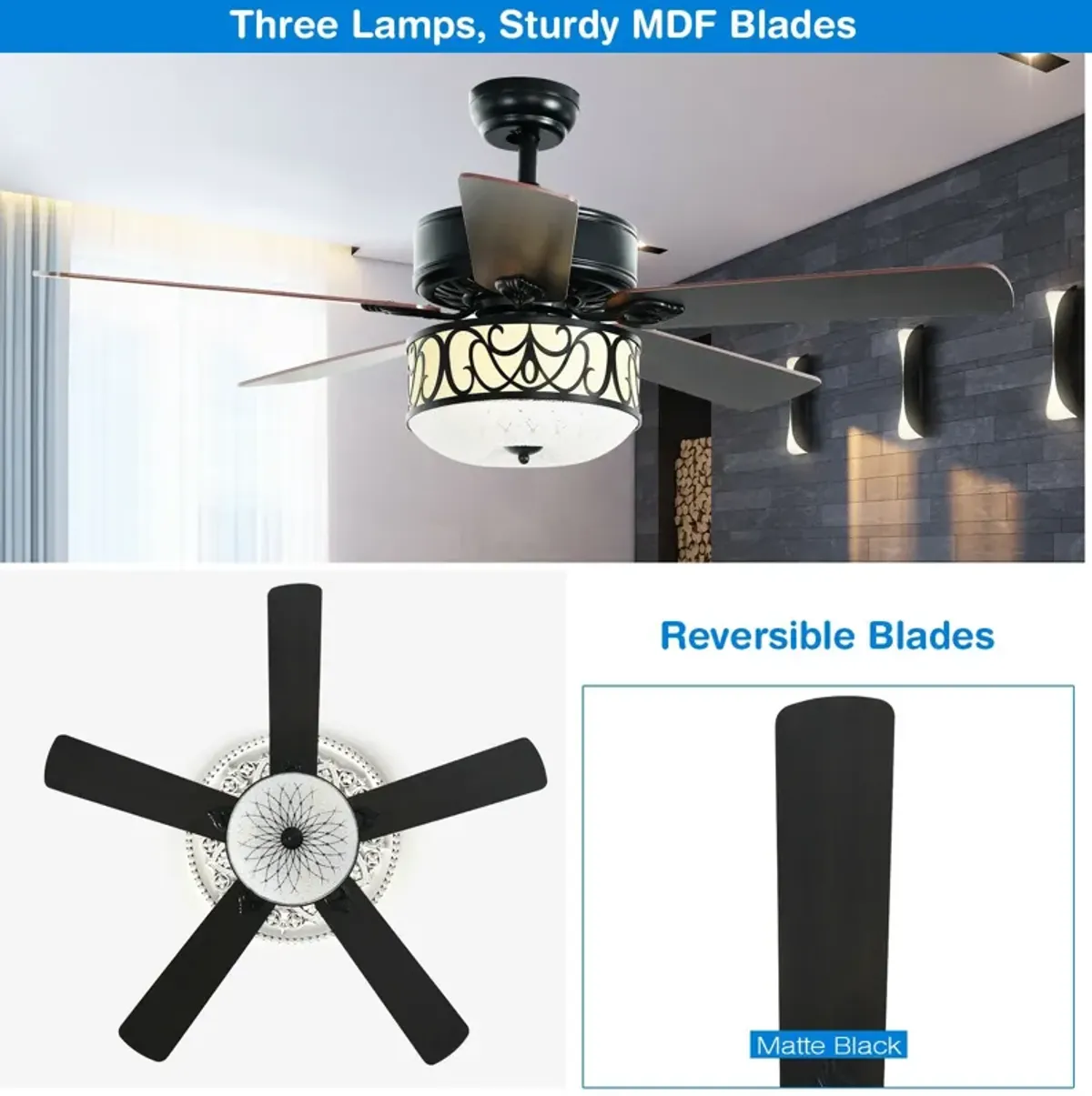 52 Inch Ceiling Fan with Light Reversible Blade and Adjustable Speed