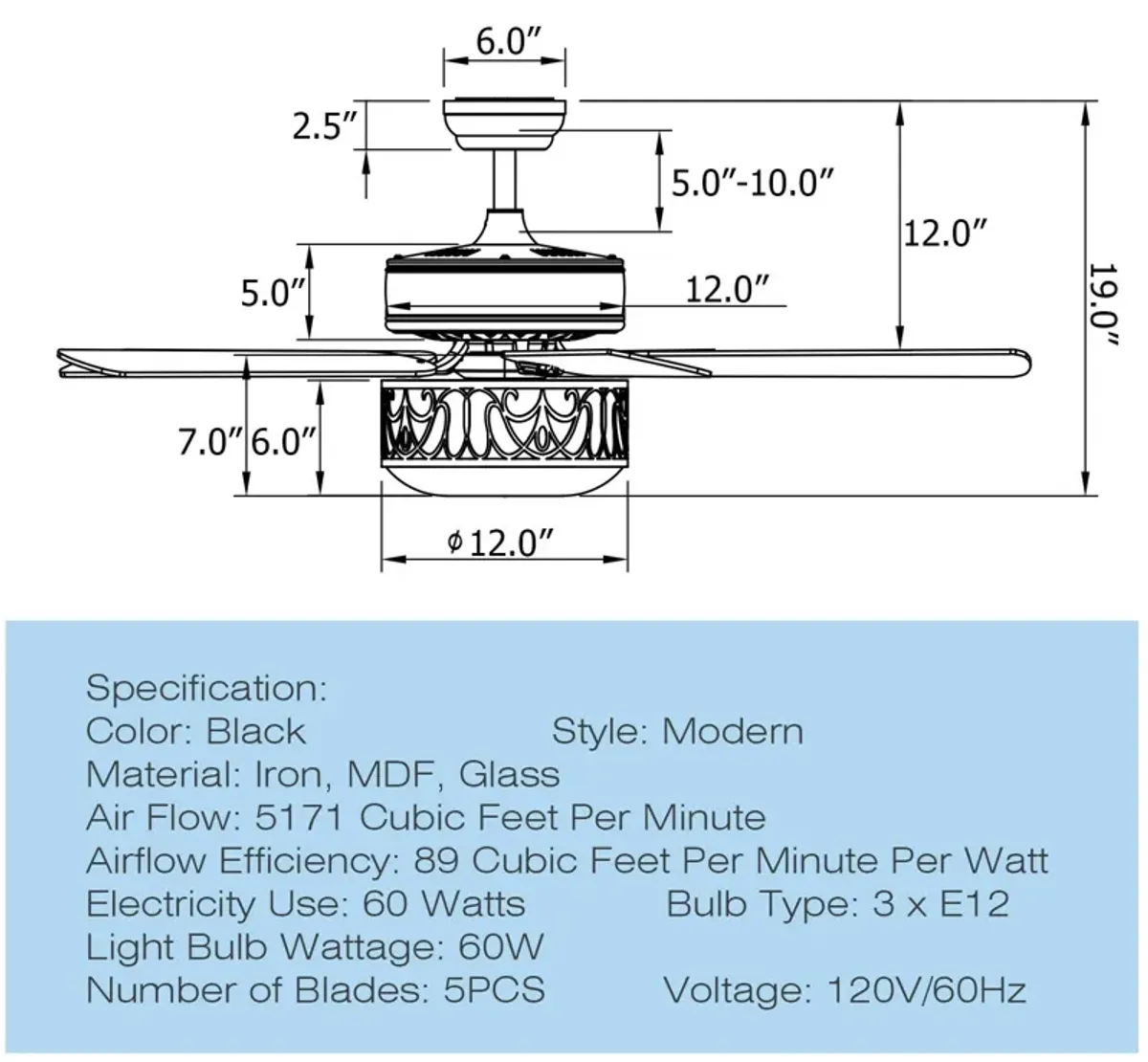 52 Inch Ceiling Fan with Light Reversible Blade and Adjustable Speed