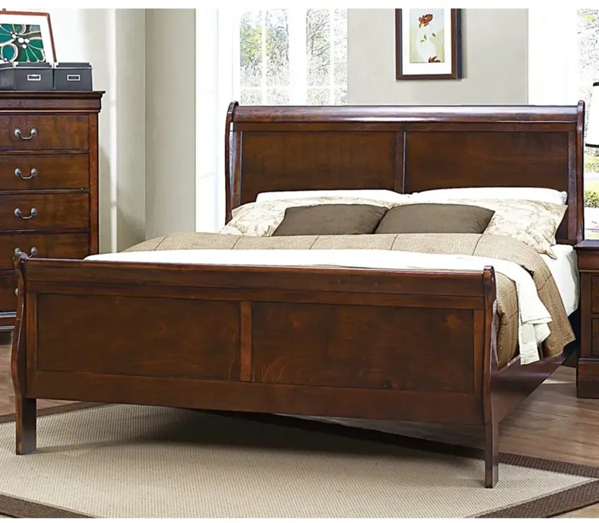 Cherry Finish Louis Philippe Style 1 Piece Queen Size Sleigh Bed Traditional Design