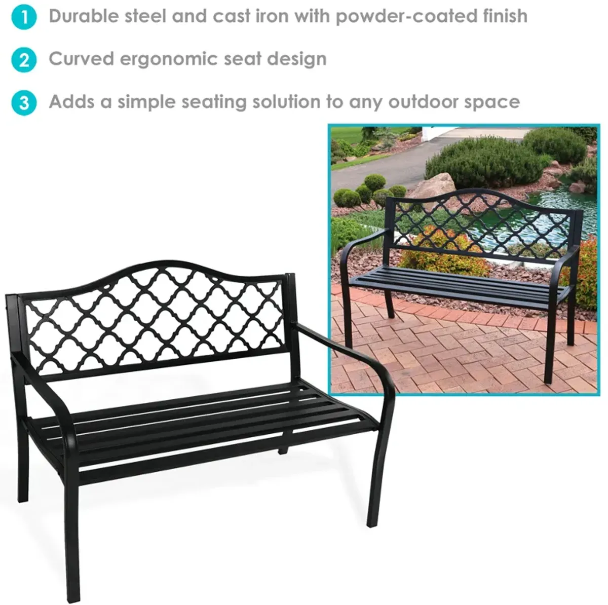 Sunnydaze 2-Person Lattice Cast Iron Outdoor Garden Bench - Black