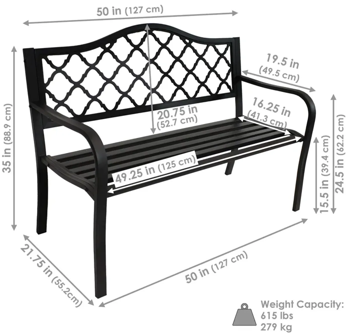 Sunnydaze 2-Person Lattice Cast Iron Outdoor Garden Bench - Black