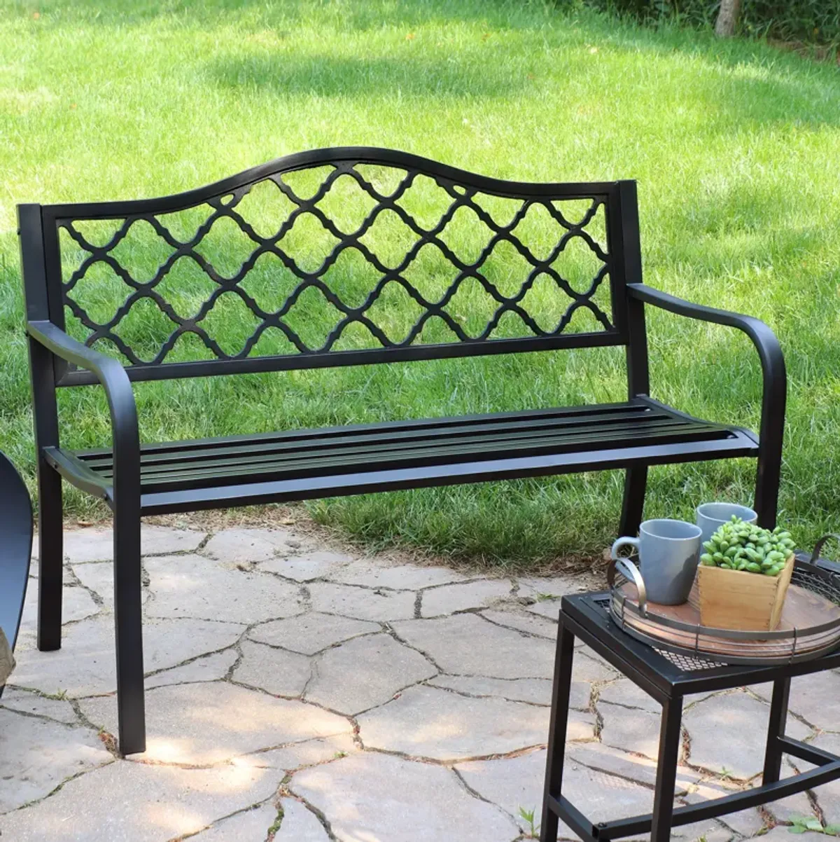 Sunnydaze 2-Person Lattice Cast Iron Outdoor Garden Bench - Black