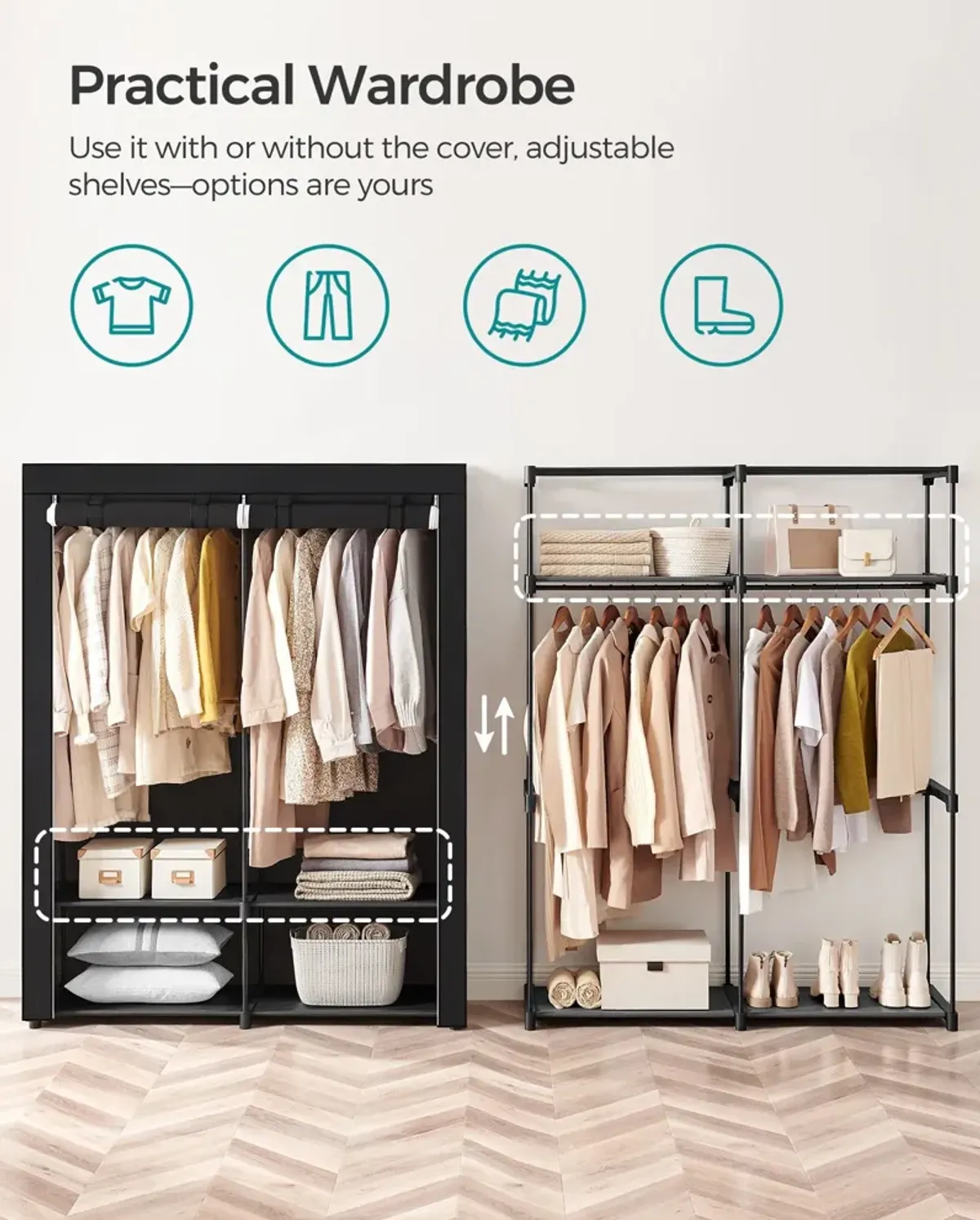 Portable Wardrobe with Hanging Rods for Closet Organization