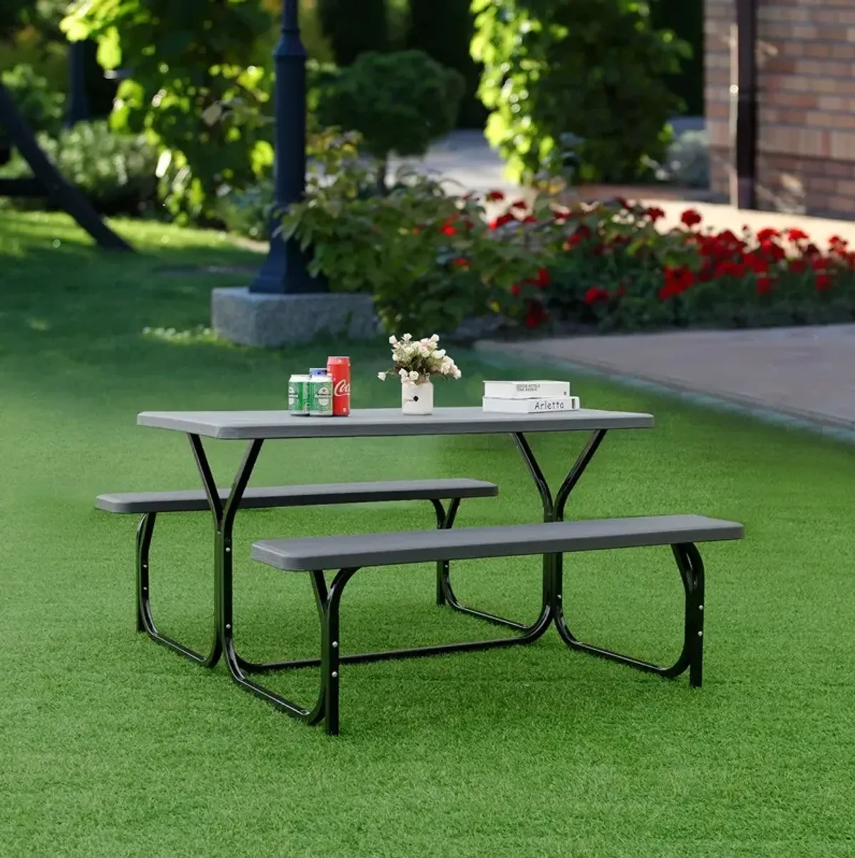 HDPE Outdoor Picnic Table Bench Set with Metal Base