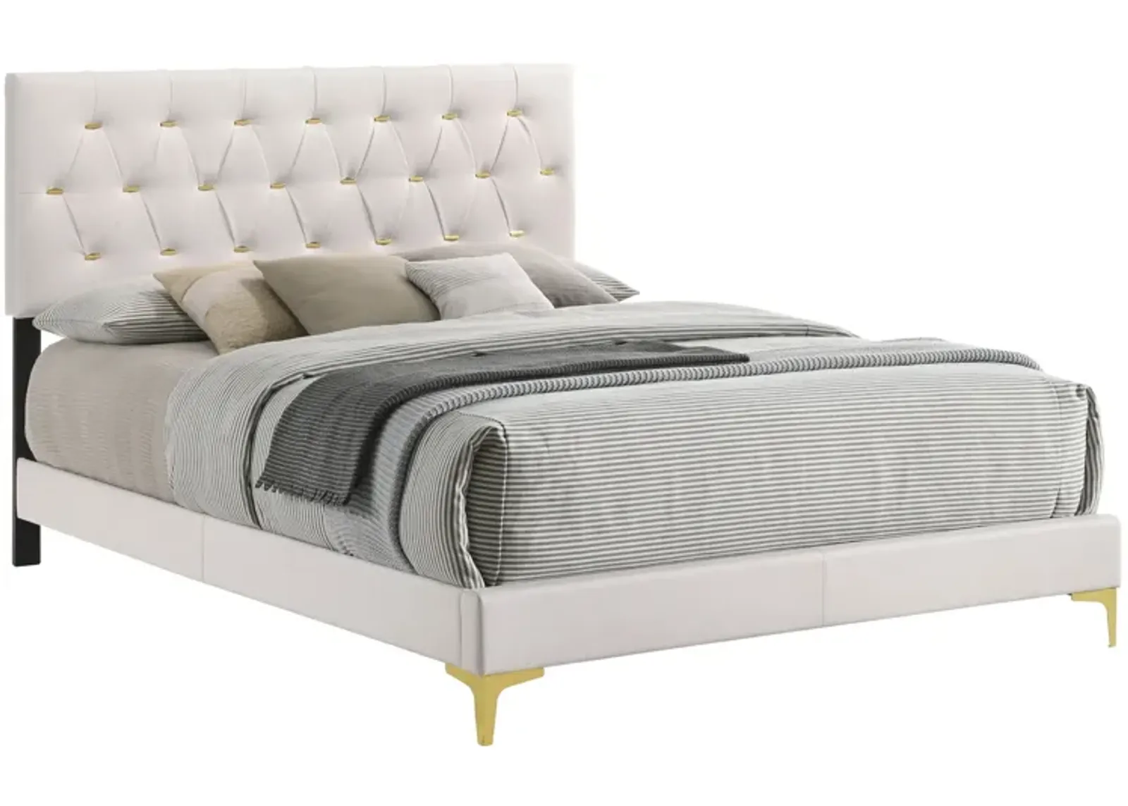 Lif Platform Queen Size Bed, Panel Tufted Headboard, Gold Legs White Velvet-Benzara