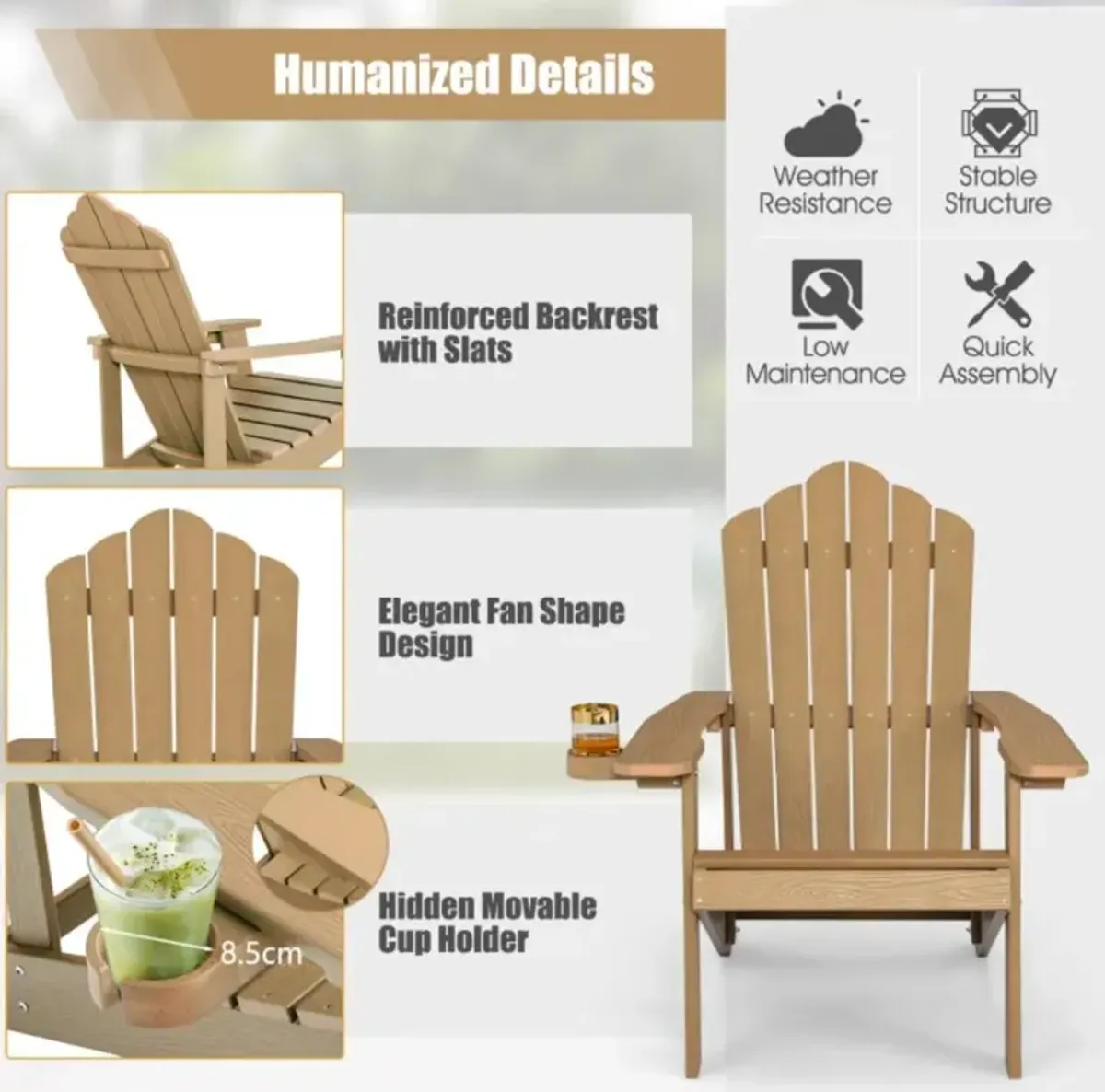 Hivvago Weather Resistant HIPS Outdoor Adirondack Chair with Cup Holder