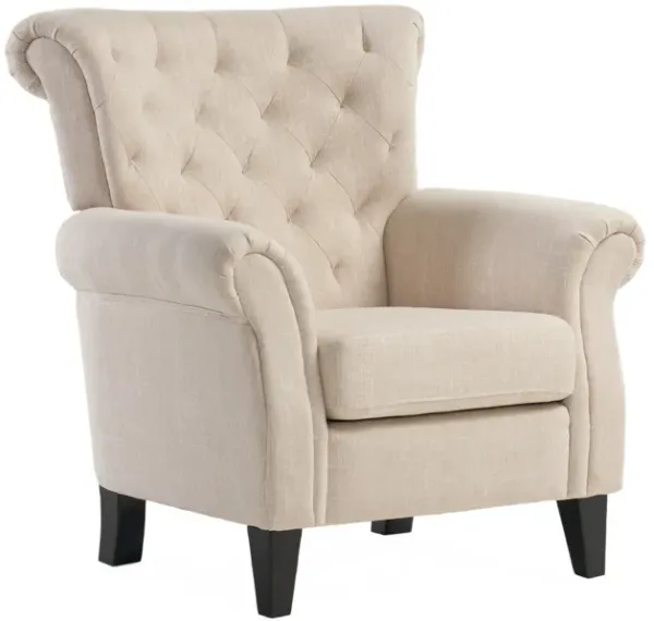 Koni Accent Armchair, Button Diamond Tufted, Rolled Arms, Beige Fabric - Benzara