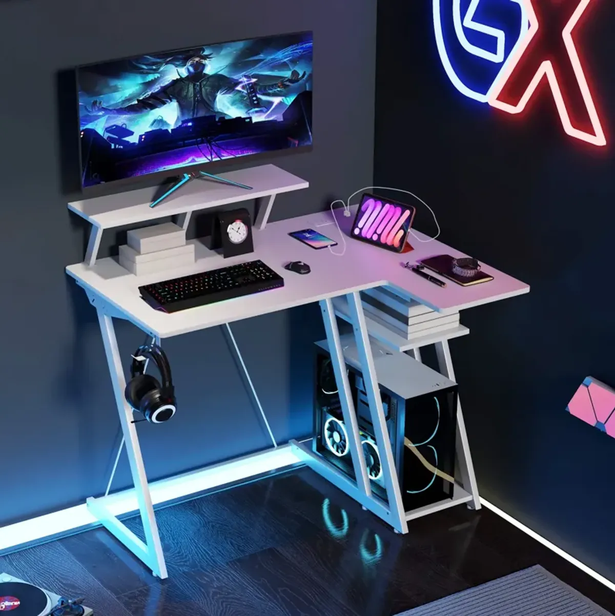 L Shaped Gaming Desk with Outlets and USB Ports