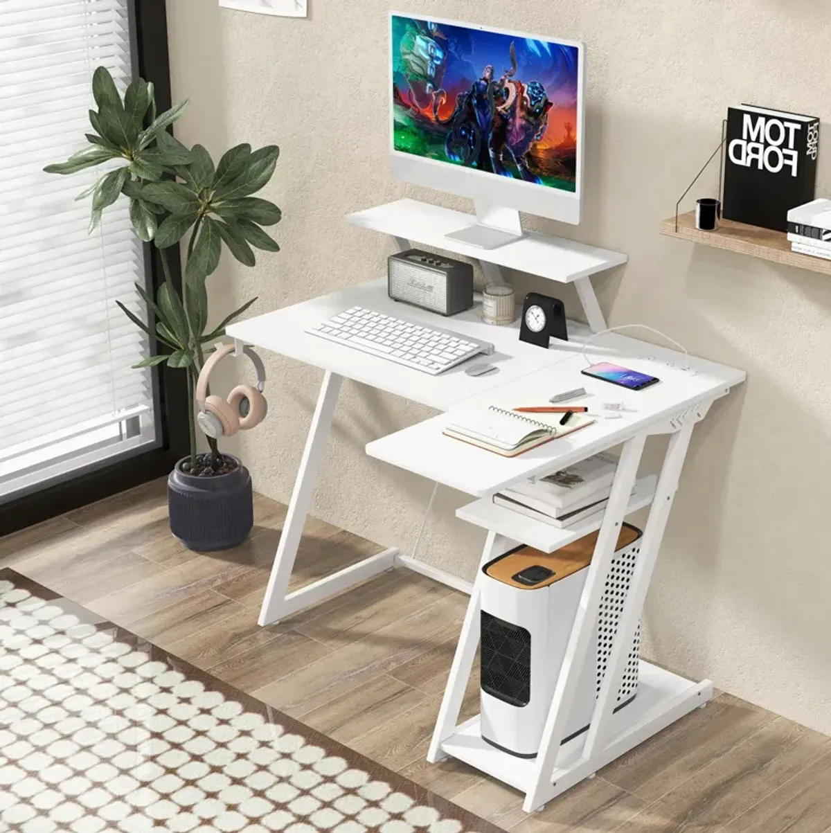 L Shaped Gaming Desk with Outlets and USB Ports