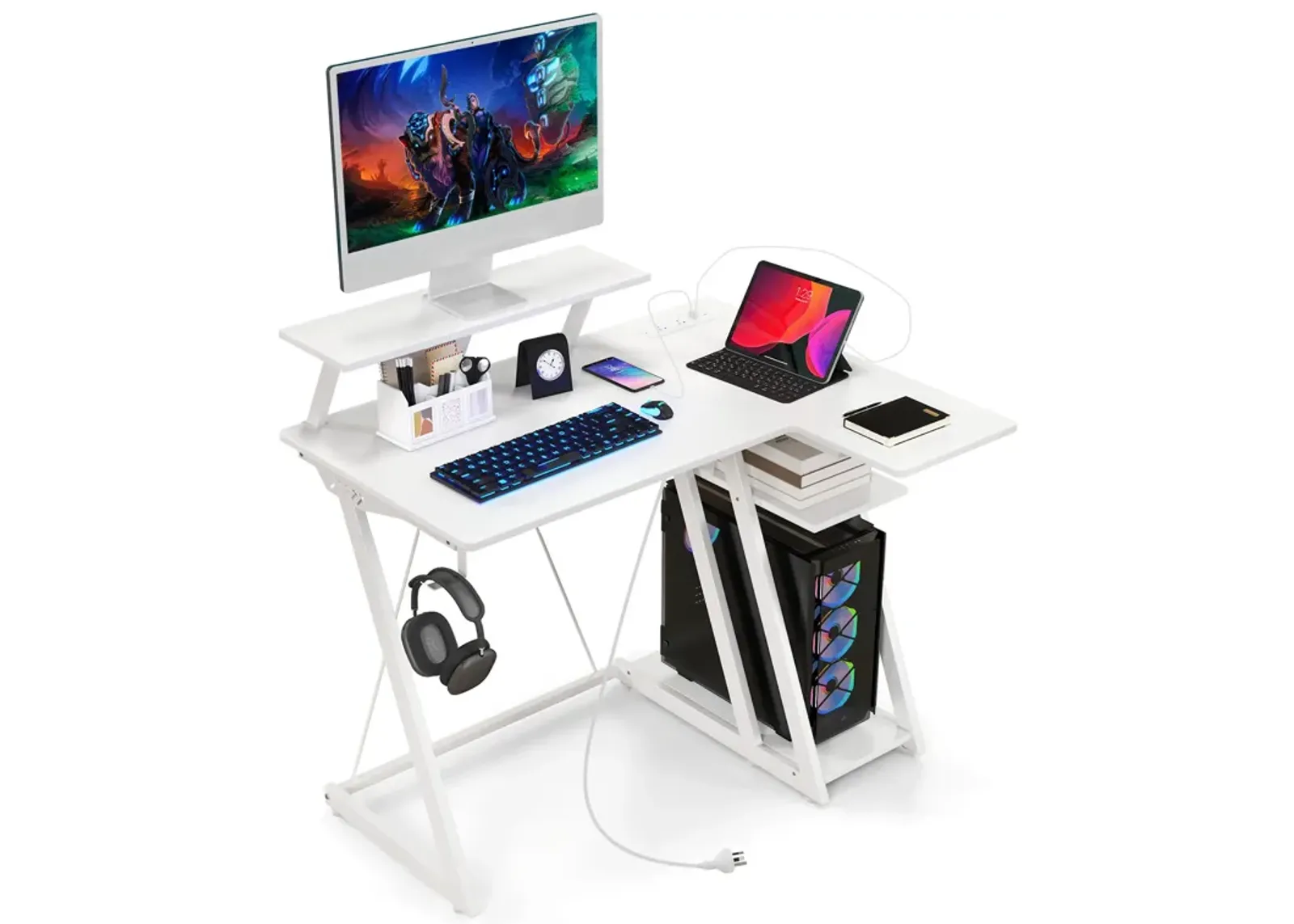 L Shaped Gaming Desk with Outlets and USB Ports