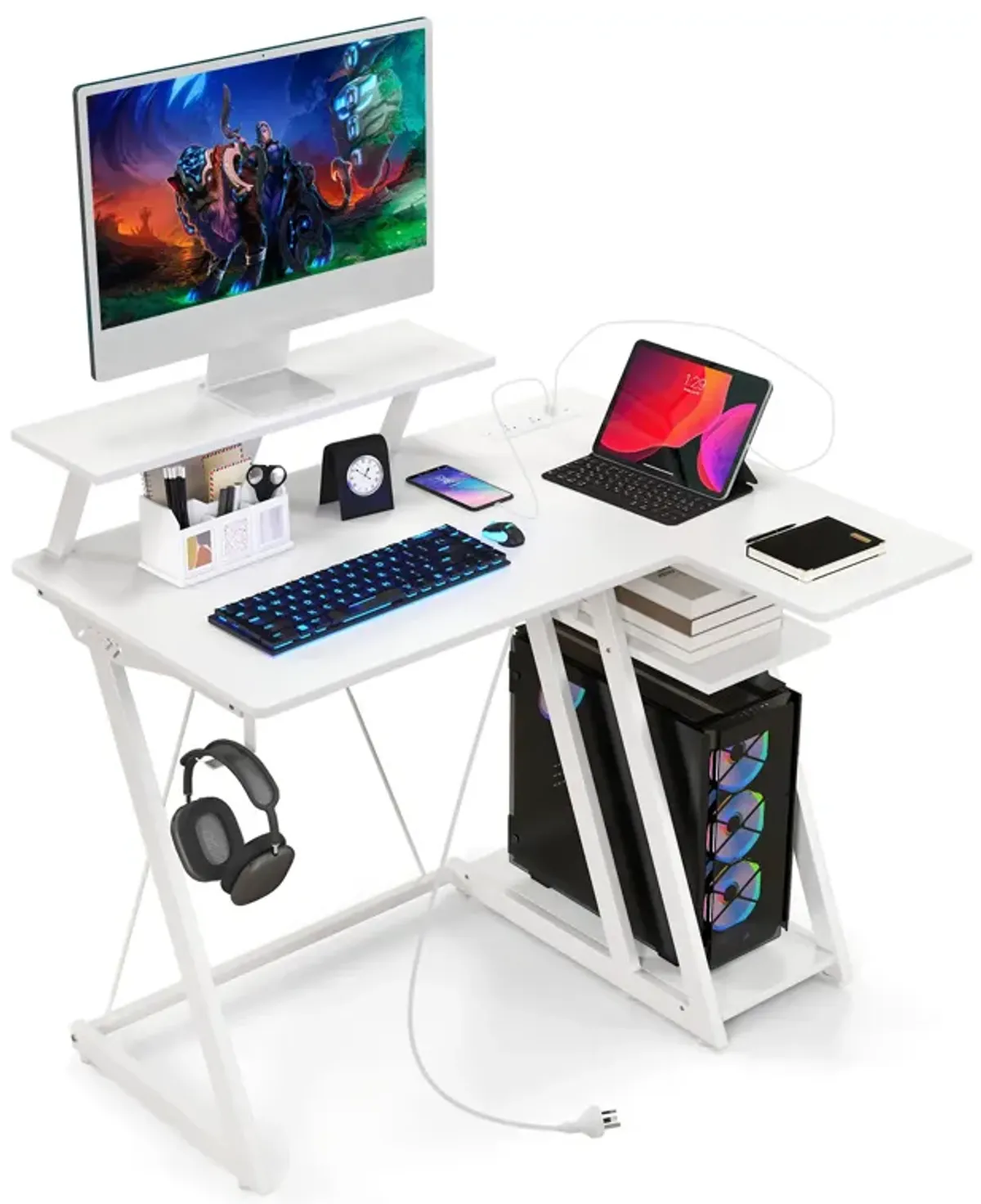 L Shaped Gaming Desk with Outlets and USB Ports