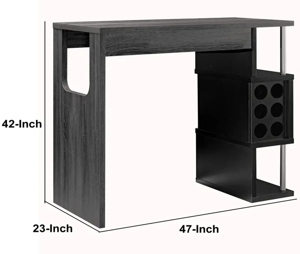 Transitional Style Wooden Bar Table with 3 Tier Side Shelves, Gray-Benzara