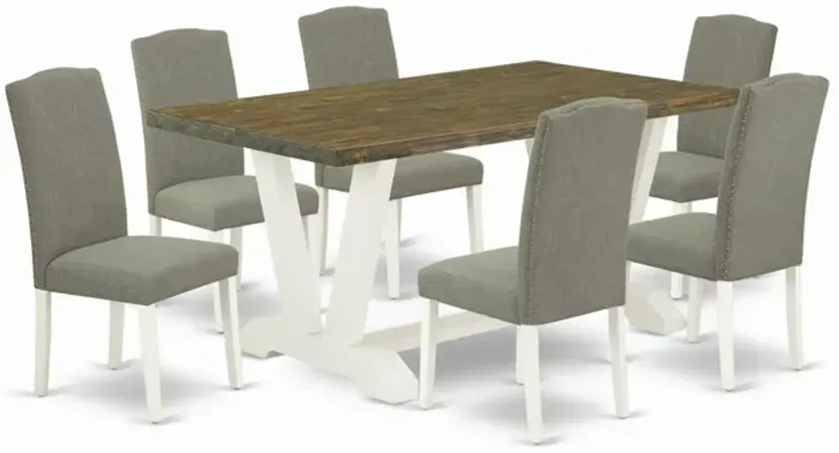 East West Furniture V076EN206-7 7-Piece Fashionable Dining Set a Great Distressed Jacobean Kitchen Table Top and 6 Attractive Linen Fabric Dining Room Chairs with Nail Heads and Stylish Chair Back, Li