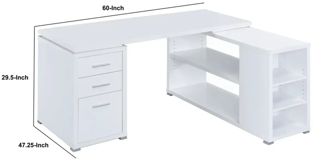 Contemporary L Shaped Office Desk with 3 Drawers and Shelves, White-Benzara