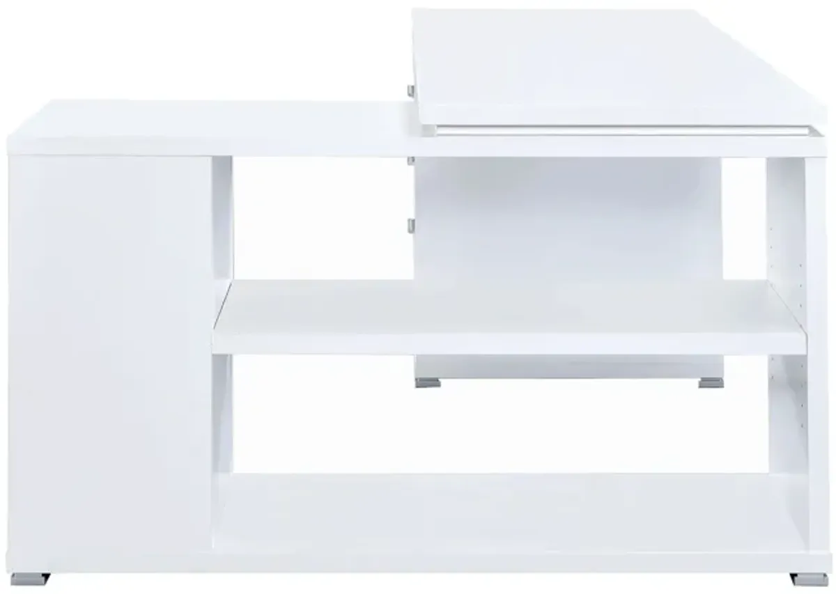 Contemporary L Shaped Office Desk with 3 Drawers and Shelves, White-Benzara