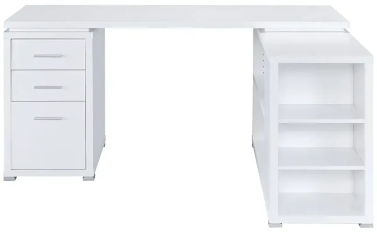 Contemporary L Shaped Office Desk with 3 Drawers and Shelves, White-Benzara