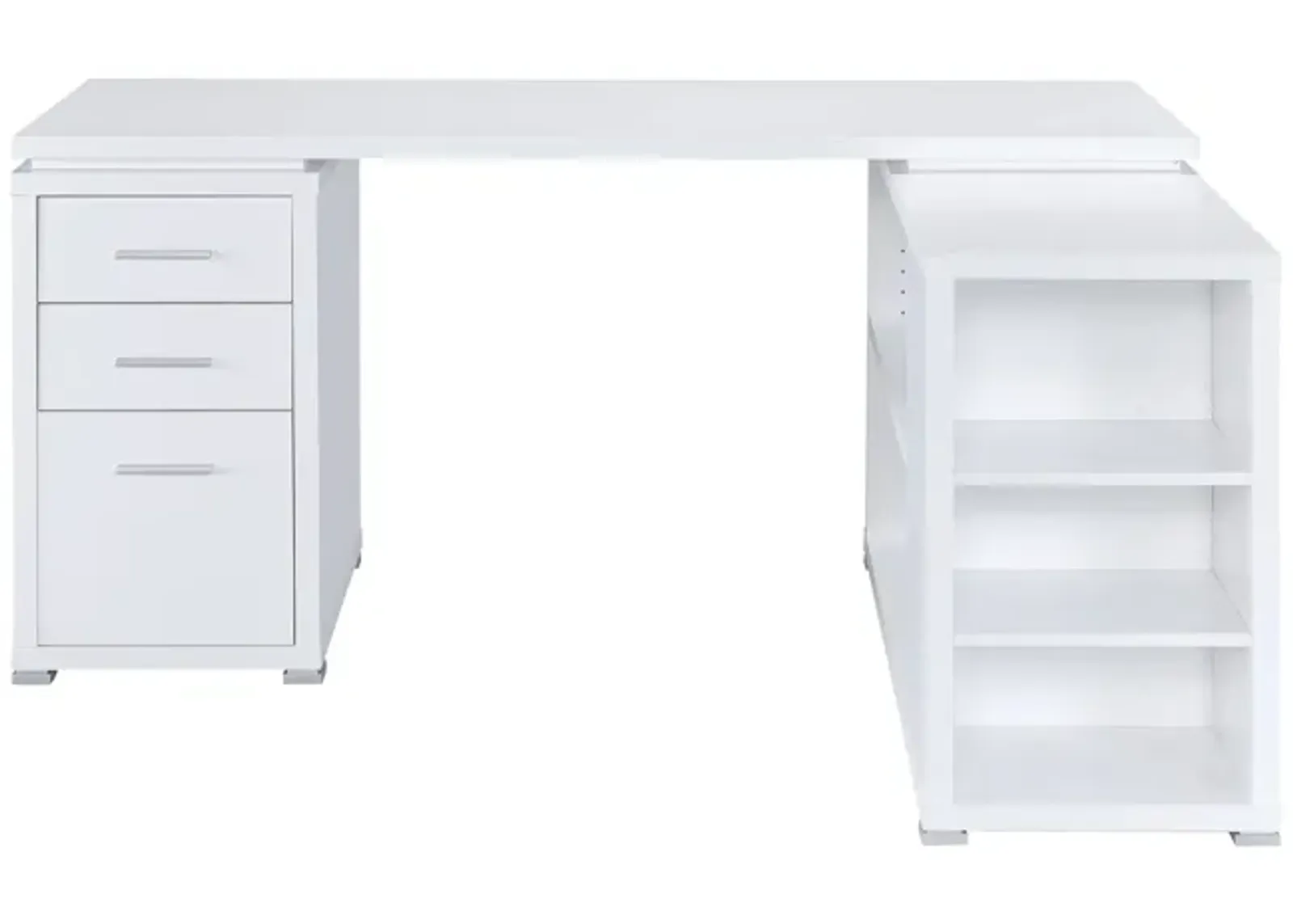 Contemporary L Shaped Office Desk with 3 Drawers and Shelves, White-Benzara