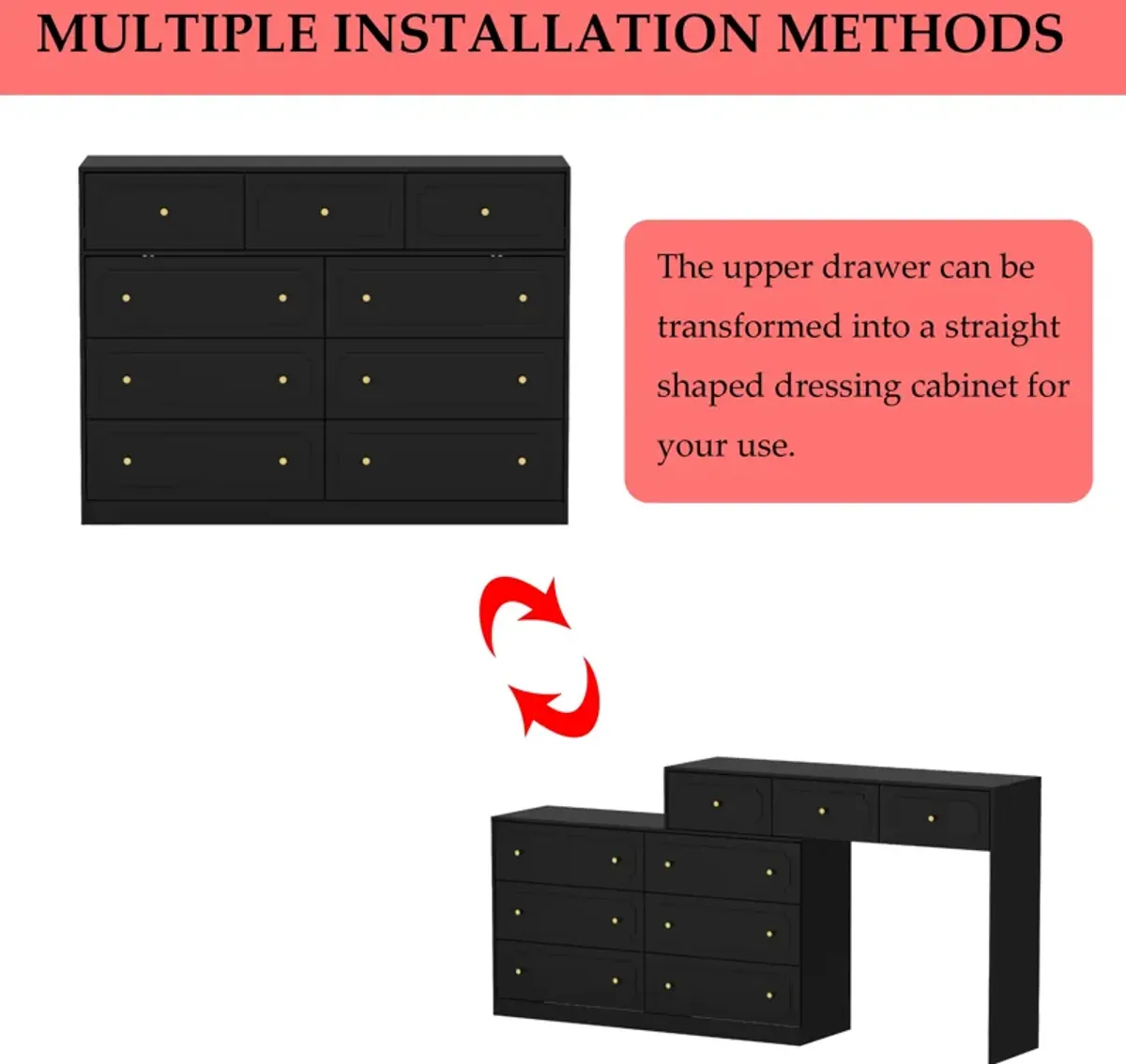 FUFU&GAGA Modern 9-Drawer Vanity Dresser with P2 MDF Construction and Gold Knob Handles, (73.6" W x 13.8" D x 34.9" H), Black