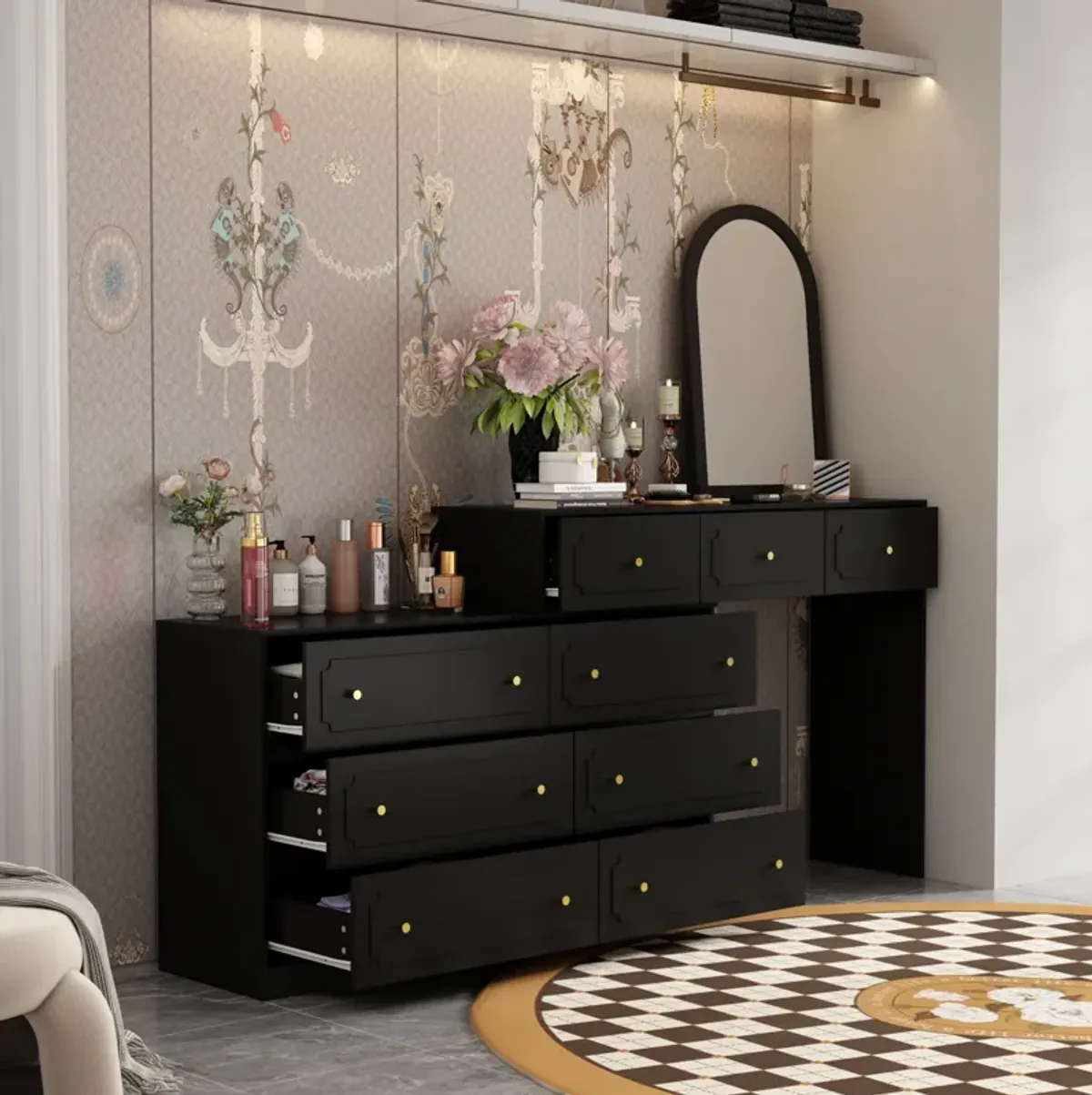 FUFU&GAGA Modern 9-Drawer Vanity Dresser with P2 MDF Construction and Gold Knob Handles, (73.6" W x 13.8" D x 34.9" H), Black