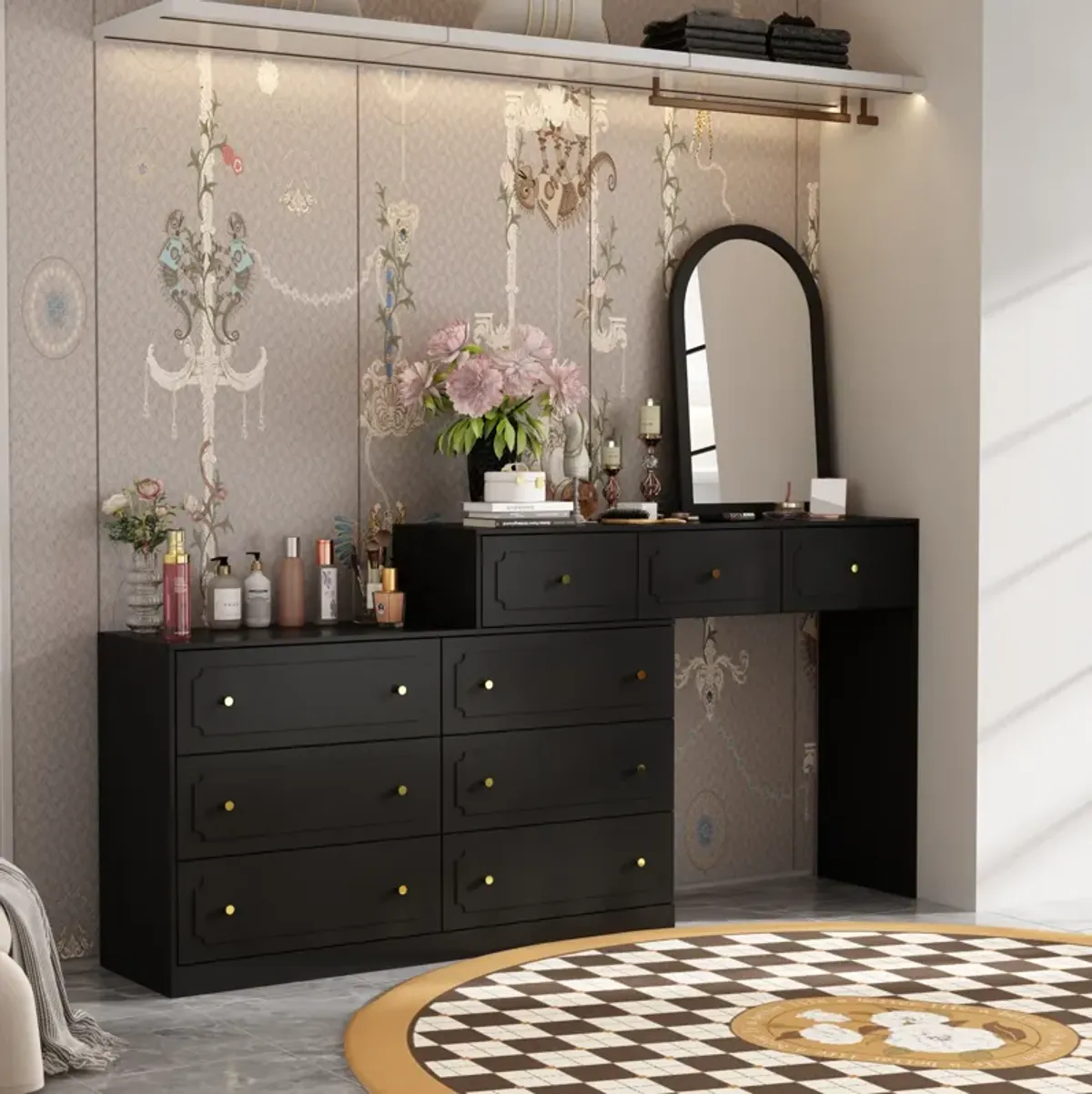 FUFU&GAGA Modern 9-Drawer Vanity Dresser with P2 MDF Construction and Gold Knob Handles, (73.6" W x 13.8" D x 34.9" H), Black