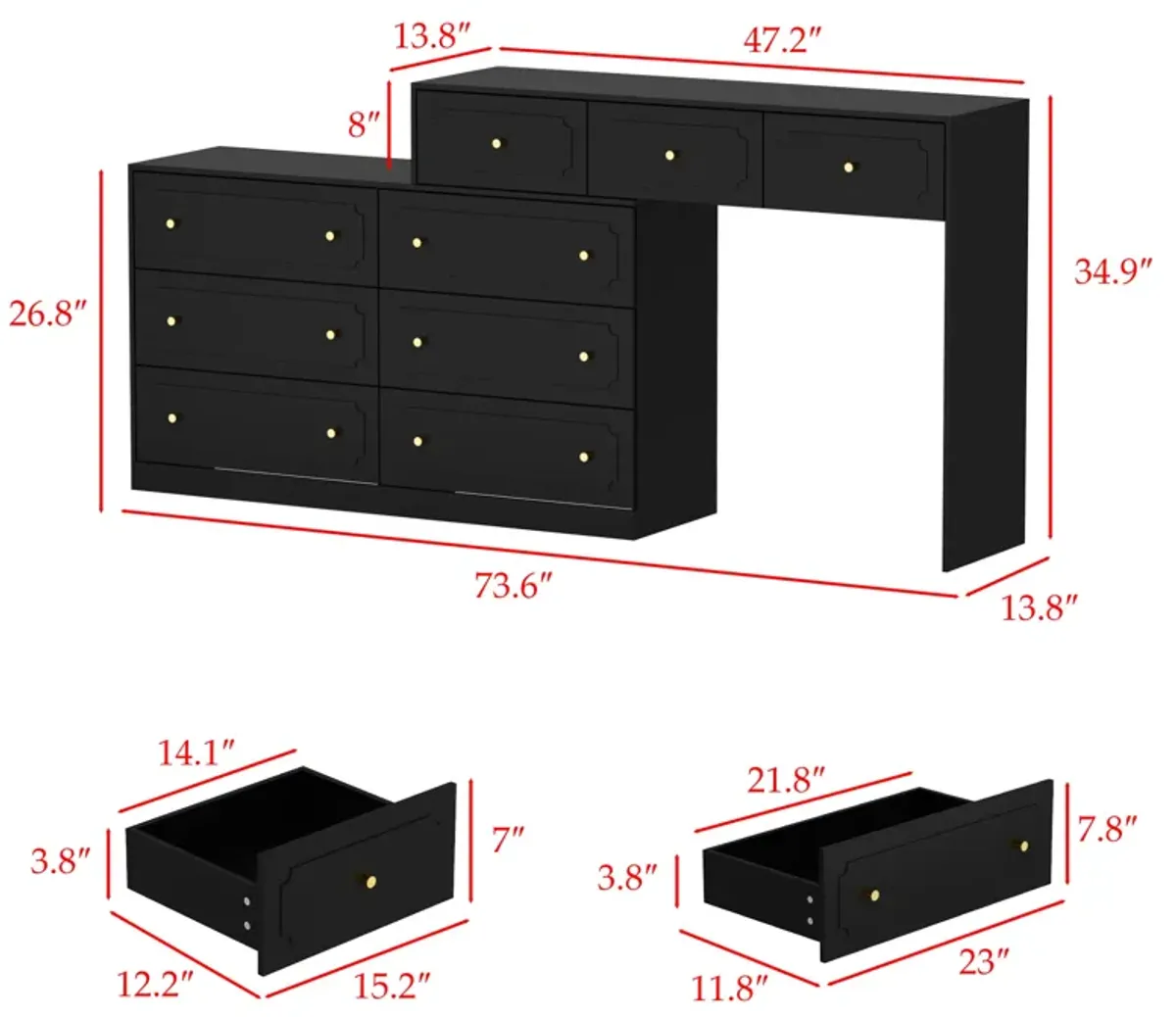 FUFU&GAGA Modern 9-Drawer Vanity Dresser with P2 MDF Construction and Gold Knob Handles, (73.6" W x 13.8" D x 34.9" H), Black