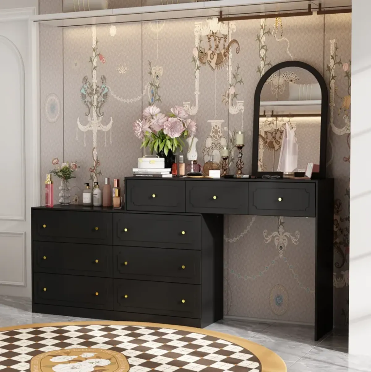 FUFU&GAGA Modern 9-Drawer Vanity Dresser with P2 MDF Construction and Gold Knob Handles, (73.6" W x 13.8" D x 34.9" H), Black