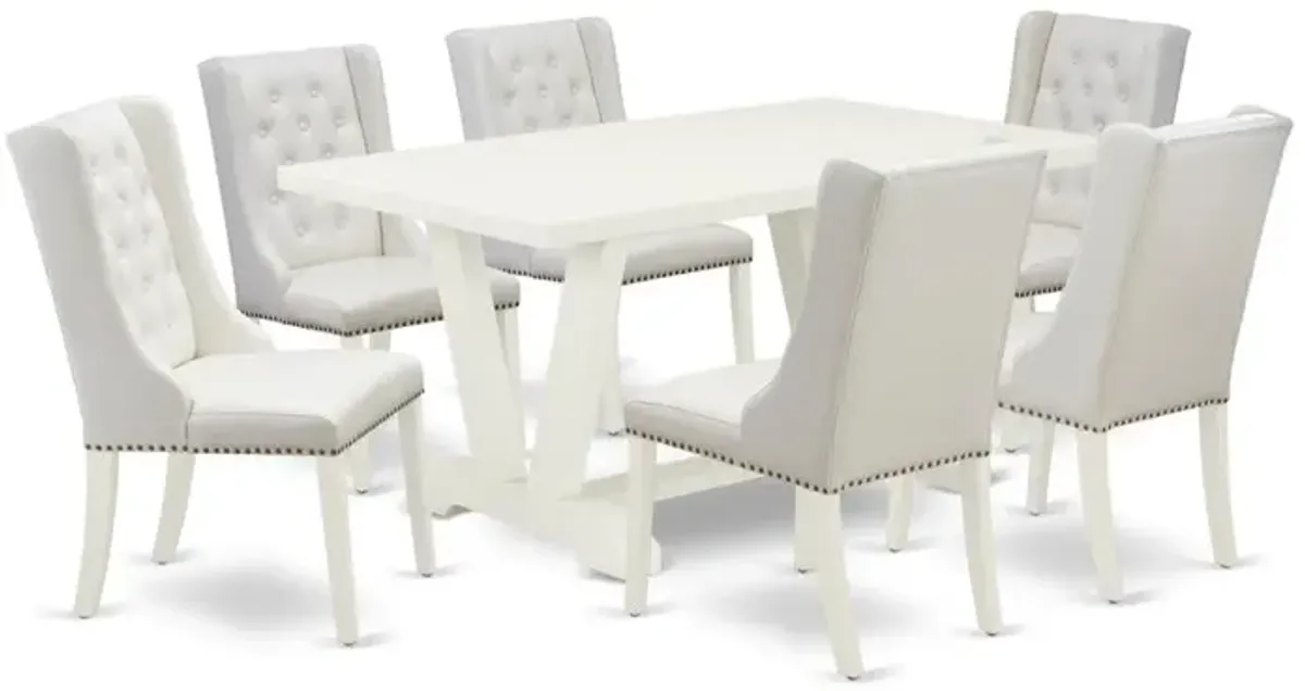 East West Furniture V026FO244-7 7-Pc Dining Table Set Contains 6 White Pu Leather Dining Room Chair Button Tufted with Nailheads and Dining Room Table - Linen White Finish