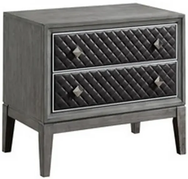 Stacy 29 Inch Nightstand, 2 Faux Leather Upholstered Drawers, Gray Wood - Benzara