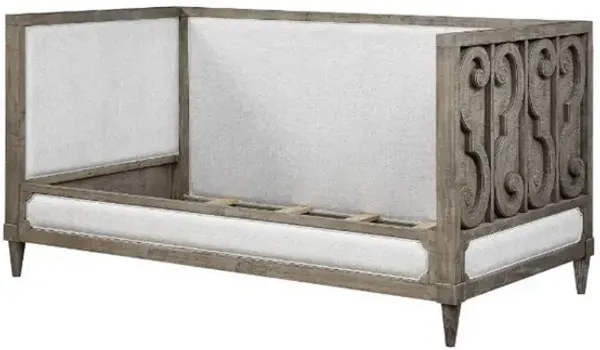 Daybed with Fabric Upholstery and Carvings, Weathered Brown - Benzara