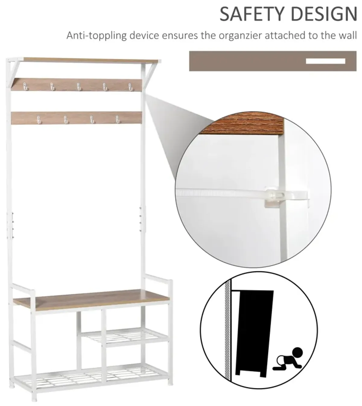 Natural/White Entryway: Hallway Tree Bench with Hooks and Shelves