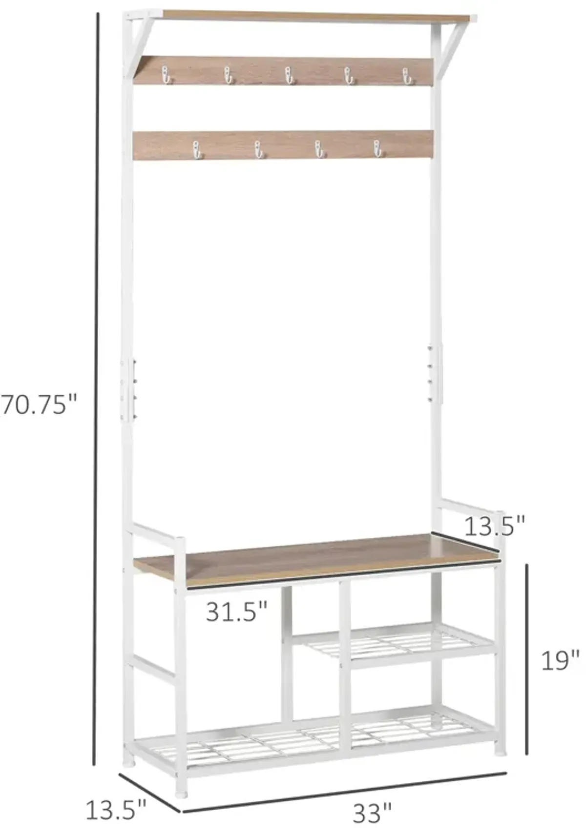 Natural/White Entryway: Hallway Tree Bench with Hooks and Shelves