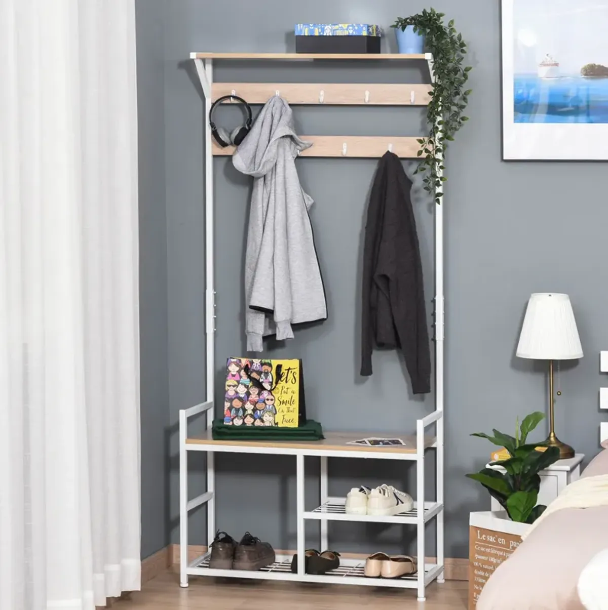 Natural/White Entryway: Hallway Tree Bench with Hooks and Shelves