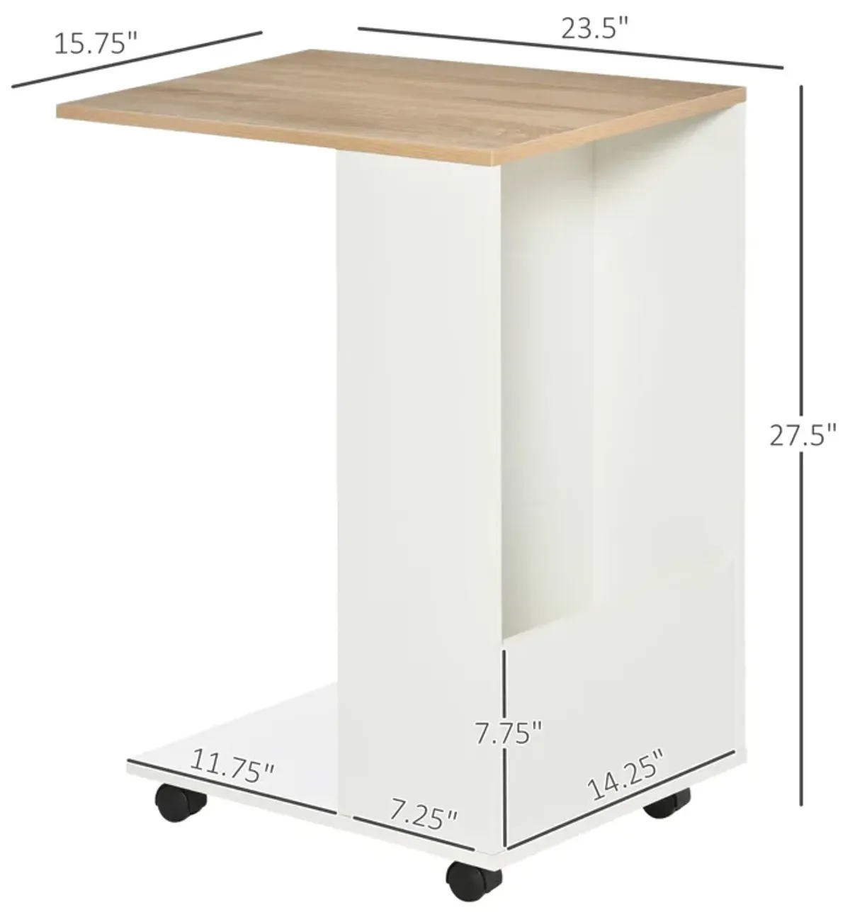 White Mobile Table: C-Shape Sofa Side Table with Wheels & Storage