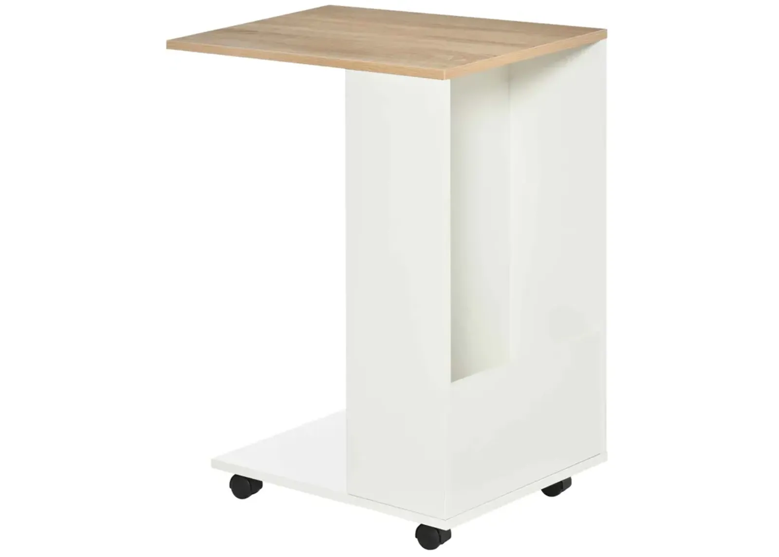 White Mobile Table: C-Shape Sofa Side Table with Wheels & Storage