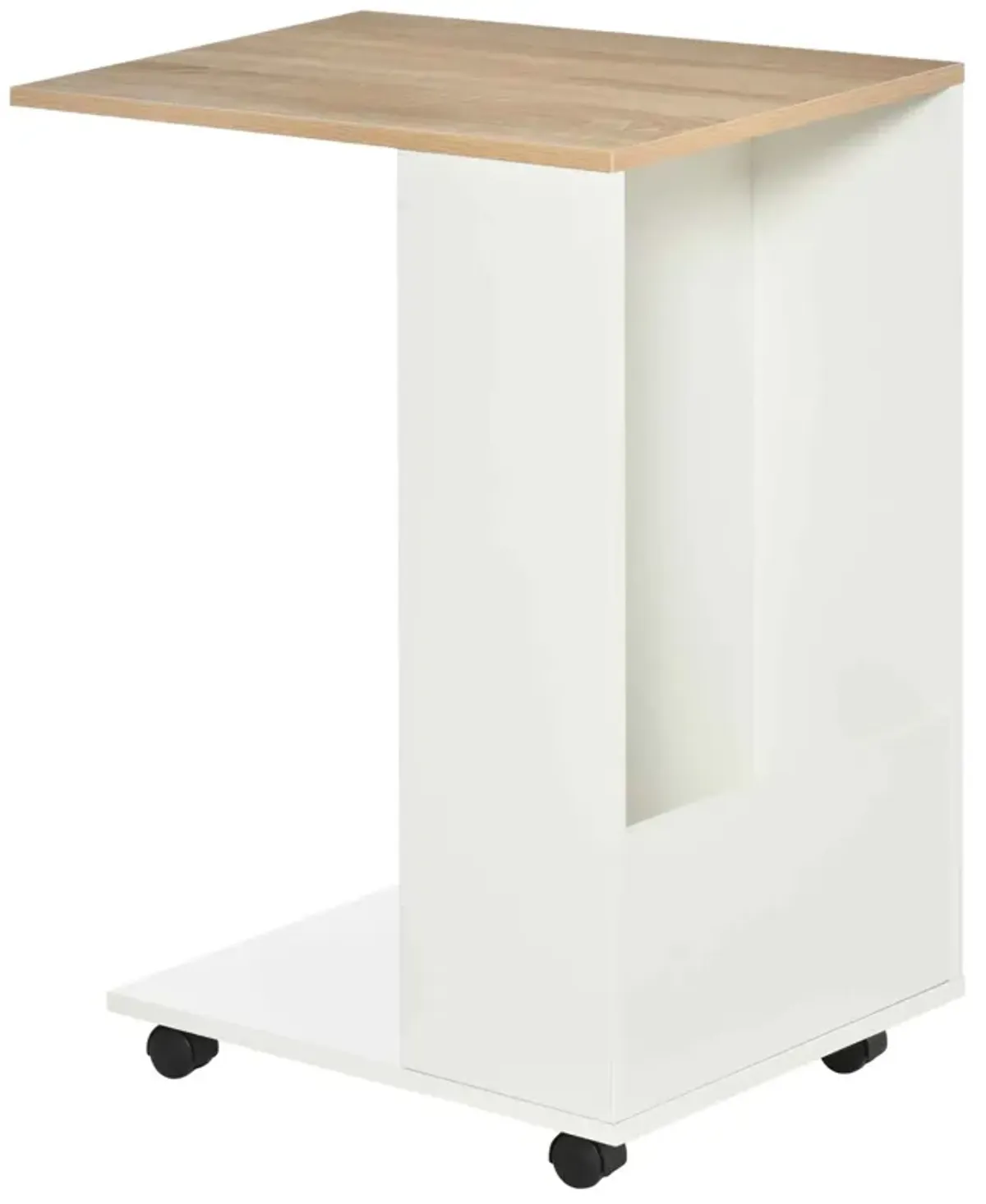 White Mobile Table: C-Shape Sofa Side Table with Wheels & Storage