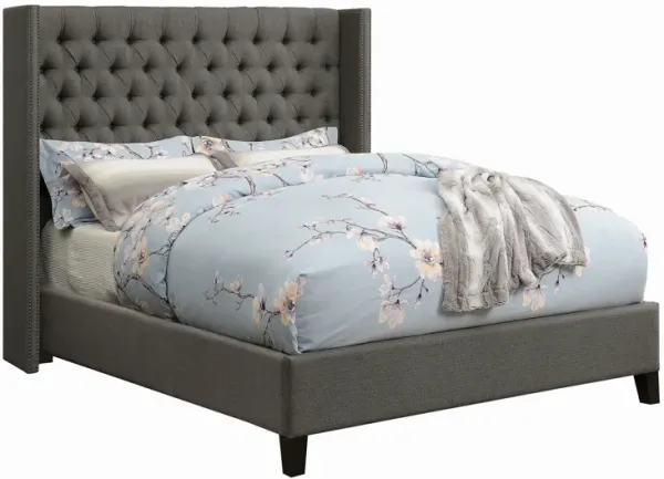 Diya King Size Platform Bed, Button Tufted Upholstery, Nailhead Trim, Gray - Benzara