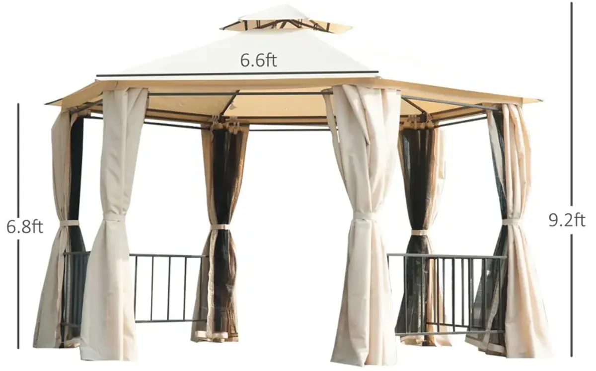 Beige Party Pavilion: 13'x13' Hexagon Canopy with Mesh & Curtains