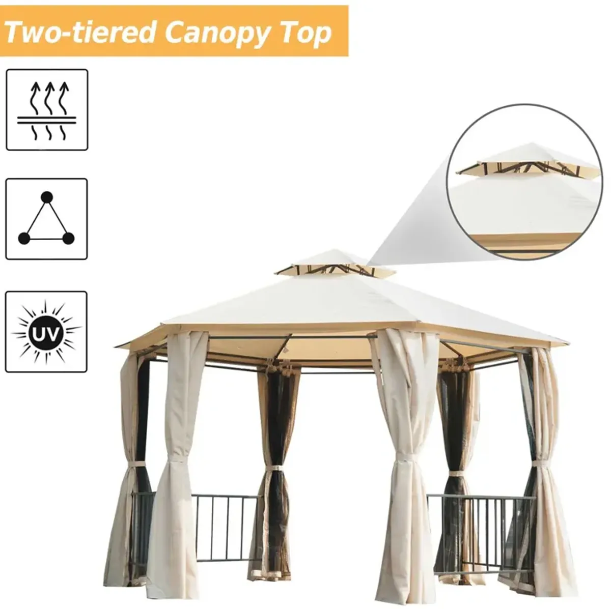 Beige Party Pavilion: 13'x13' Hexagon Canopy with Mesh & Curtains