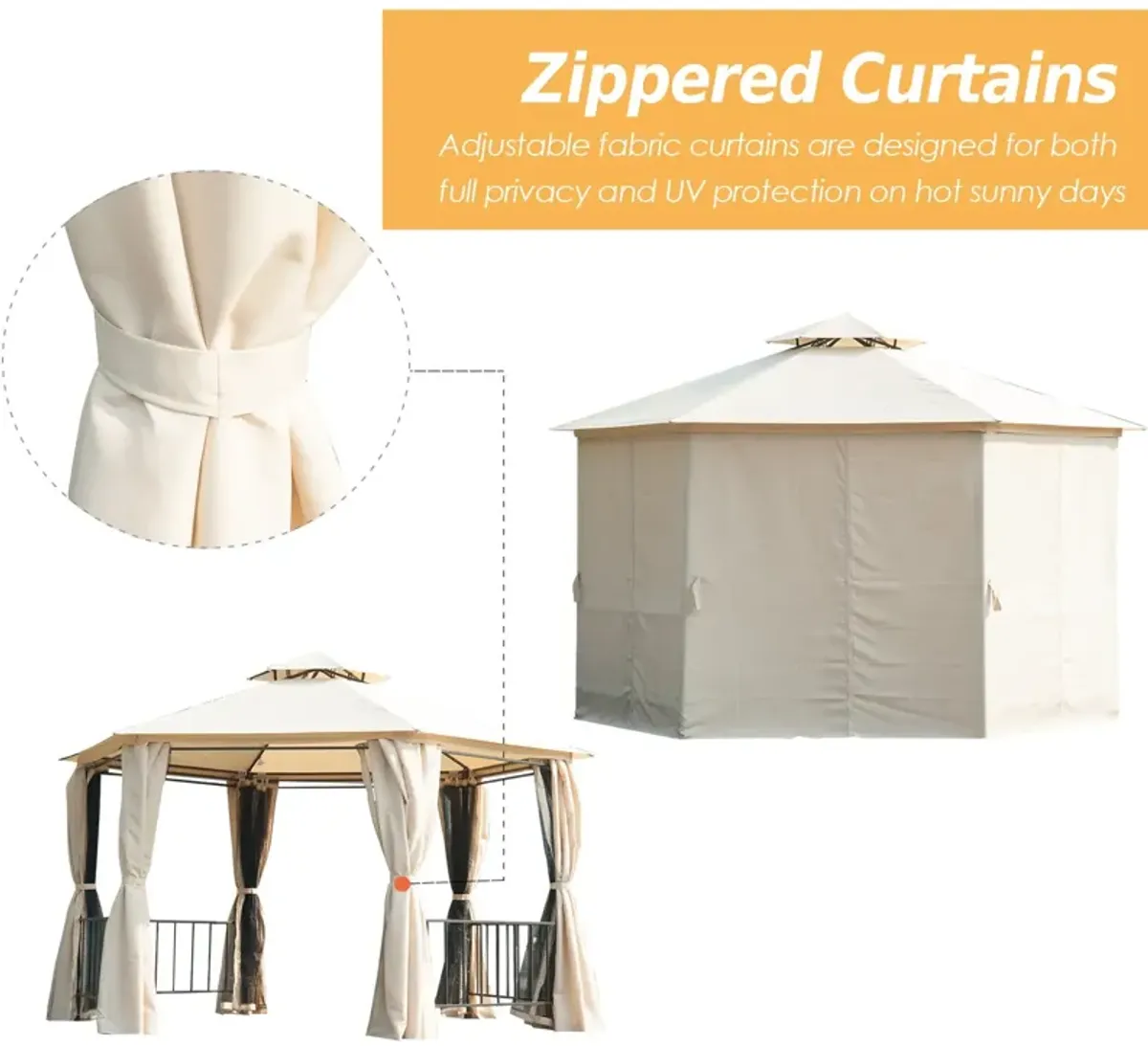 Beige Party Pavilion: 13'x13' Hexagon Canopy with Mesh & Curtains