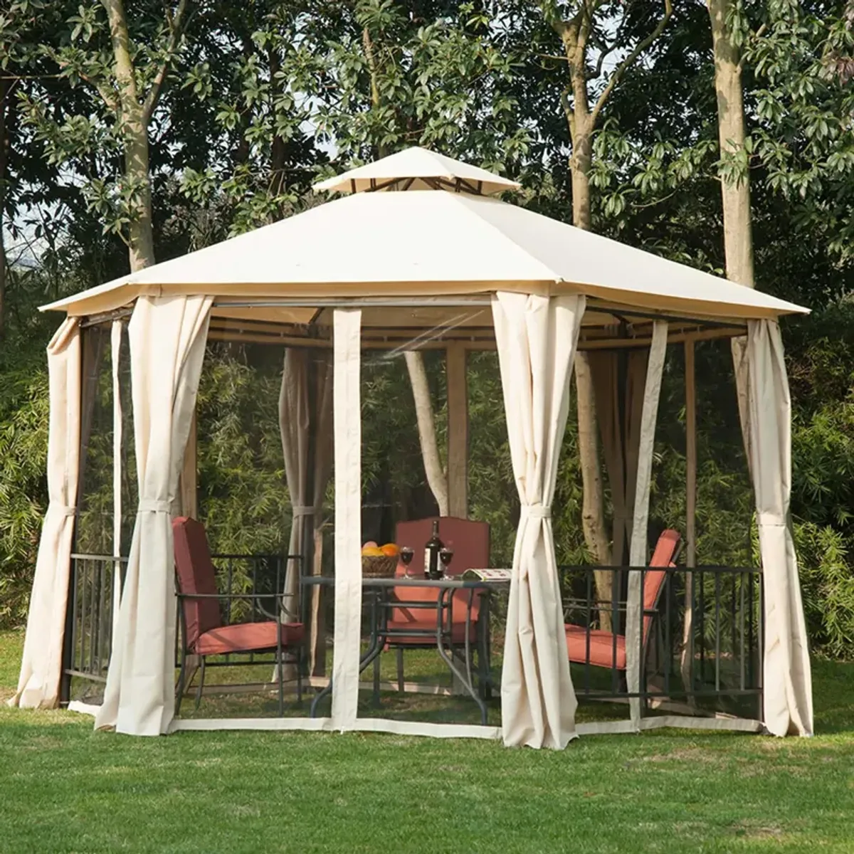 Beige Party Pavilion: 13'x13' Hexagon Canopy with Mesh & Curtains