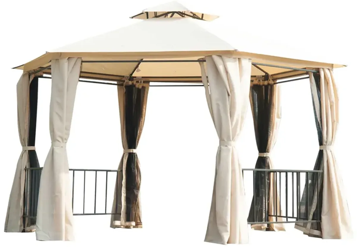 Beige Party Pavilion: 13'x13' Hexagon Canopy with Mesh & Curtains