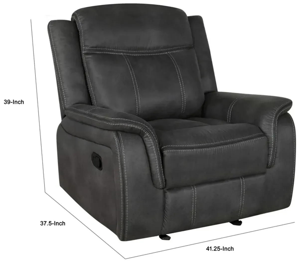 Lenard 41 Inch Manual Gliding Recliner, Piped Details, Charcoal Gray, Black-Benzara