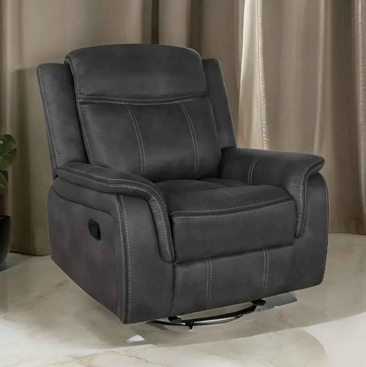 Lenard 41 Inch Manual Gliding Recliner, Piped Details, Charcoal Gray, Black-Benzara