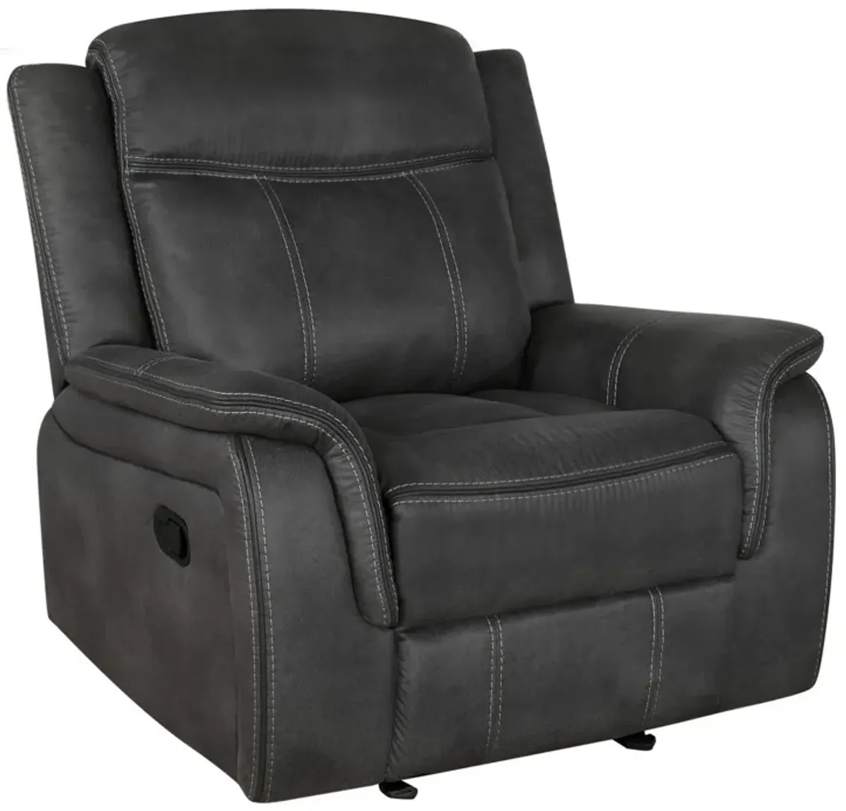 Lenard 41 Inch Manual Gliding Recliner, Piped Details, Charcoal Gray, Black-Benzara