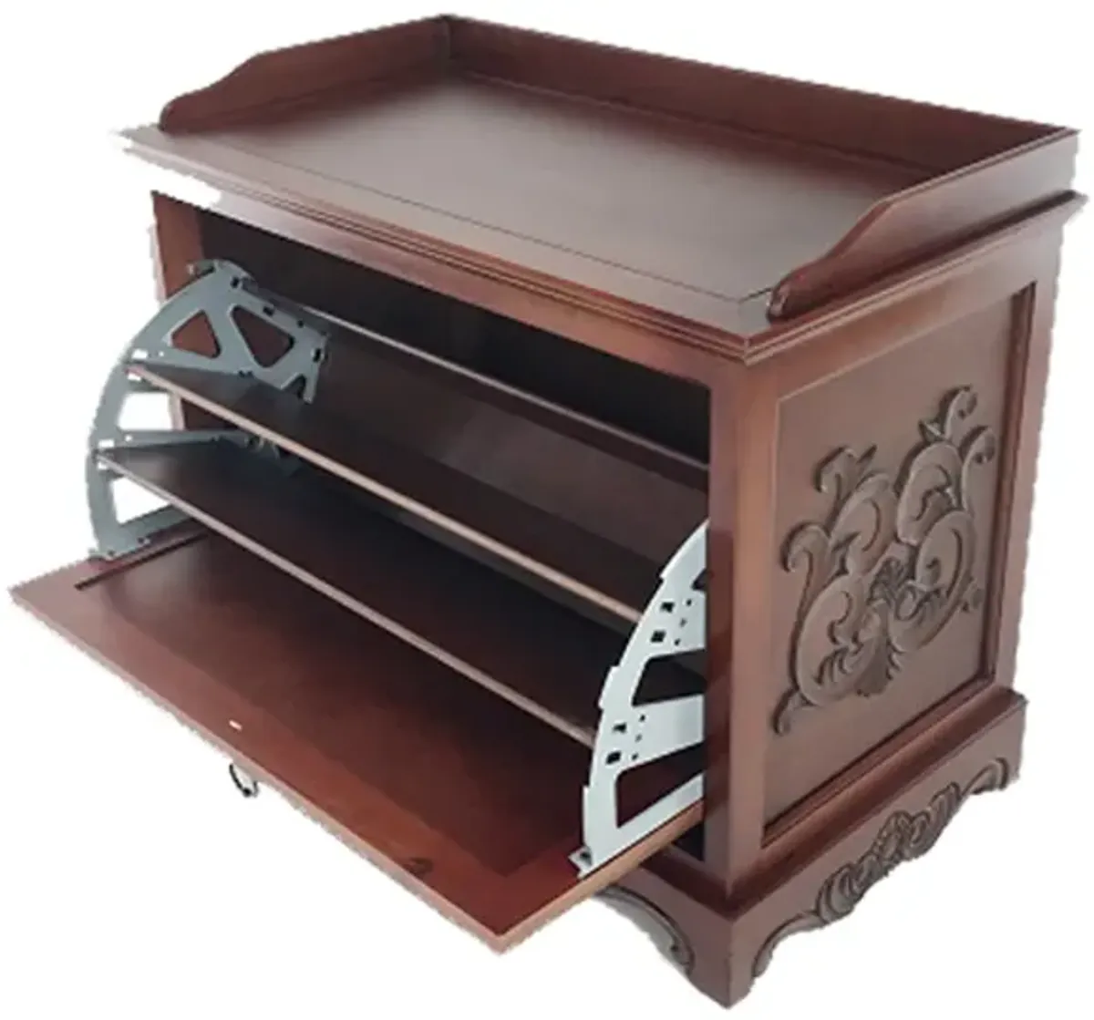 Engraved Wooden Shoe Cabinet with Drop Down Opening and Metal Hinges, Brown-Benzara