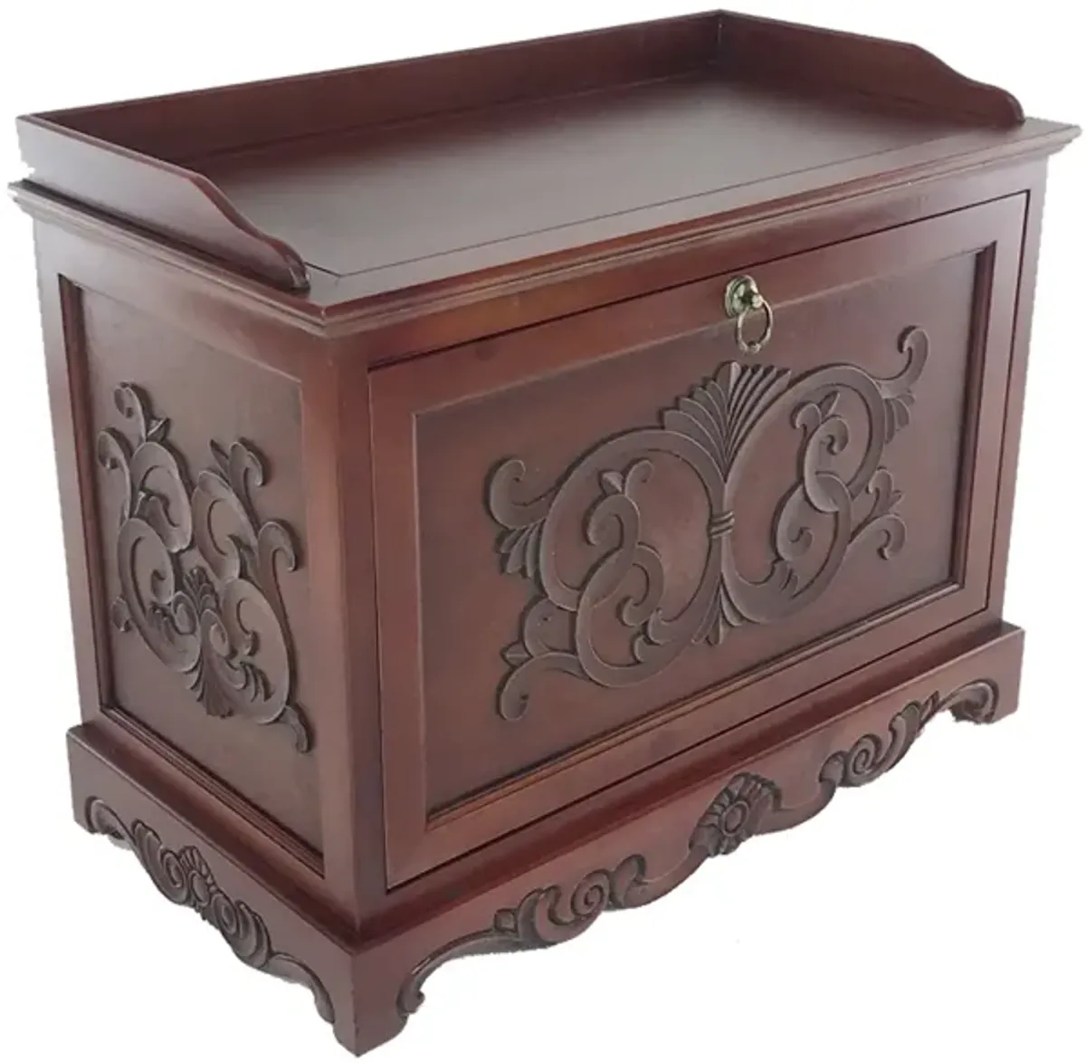 Engraved Wooden Shoe Cabinet with Drop Down Opening and Metal Hinges, Brown-Benzara