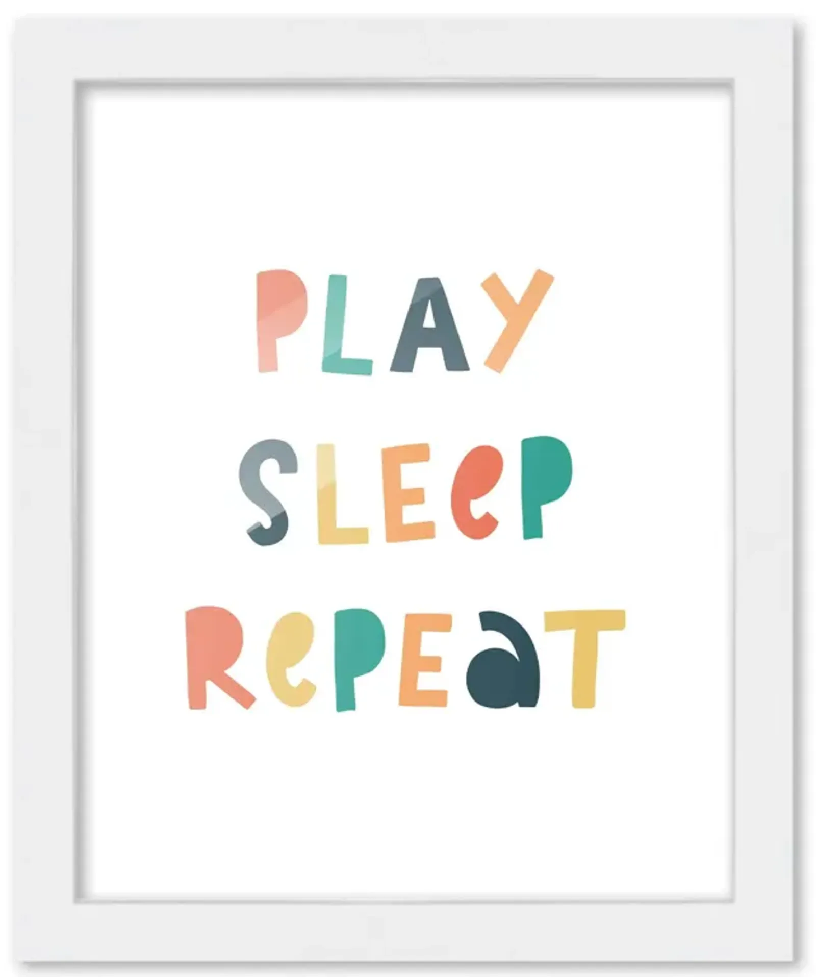 8x10 Framed Nursery Wall Art Colorful Play Sleep Repeat Poster In White Wood Frame For Kid Bedroom or Playroom