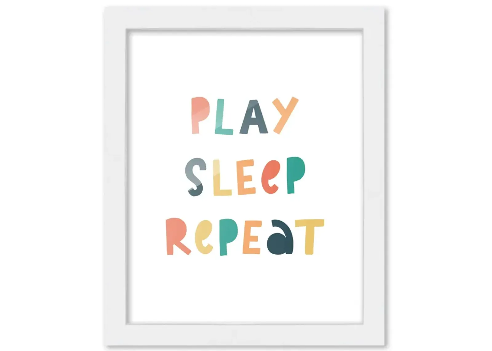 8x10 Framed Nursery Wall Art Colorful Play Sleep Repeat Poster In White Wood Frame For Kid Bedroom or Playroom