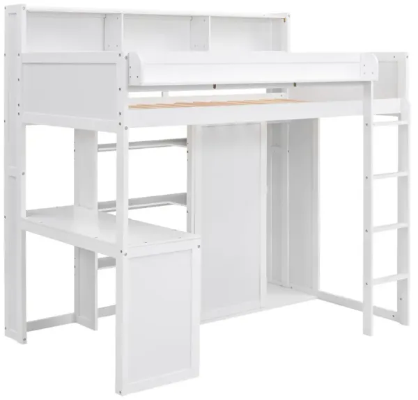 Whisen Wood Twin Size Loft bed with Multiple Storage Shelves and Wardrobe - White
